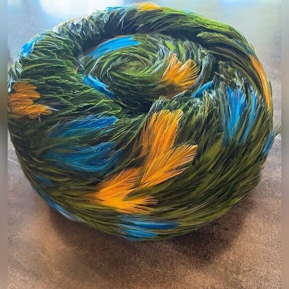 Vintage Gay Paree Original Women’s Hat Pillbox Yellow Blue Green Feathers 7" - Picture 1 of 4